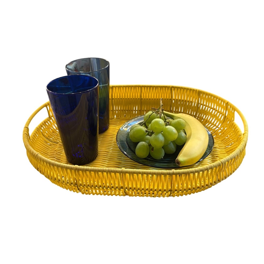 Vibrant Yellow Wicker Oval Serving Tray with Handles 16x12 Home‎ Decor